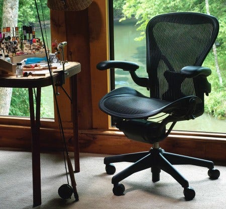 Designed by Don Chadwick and Bill Stumpf in 1994 for Herman Miller, the Aeron Chair has many sizing, fabric options and finishes. If you need help choosing what is right for you, please call GR Shop at 1-866-207-1111.