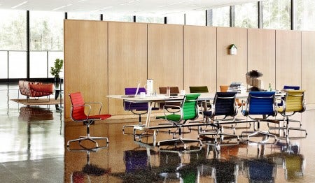 The Herman Miller Eames Aluminum Group Management Chair, designed in 1958, is available in a large expertly curated list of fabrics and leathers. Questions? Ask our GRShop web team or the Gabriel Ross Showroom staff. They have samples of all the possibilities available.