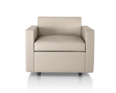 The Herman Miller Bevel Club Chair. Its name refers to the shape sliced into the backrest: an angle that provides built-in lumbar support.