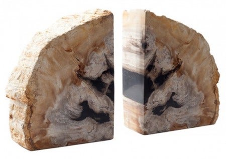 Tom Dixon's Fossil Bookends are made from 100 million year old fossilized wood. They have a rough exterior and each set is unique. They are lovely and heavy and will hold the heaviest of tomes. 