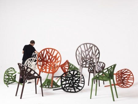 The Vitra Vegetal Chair, designed by the team of Ronan & Erwan Bouroullec, 2008, is stackable, suitable for outdoor use and is available in 6 colours.