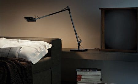 The Kelvin LED Table Light, designed by Antonio Citterio & Toan Nguyen, 2009, is an adjustable table lamp providing direct lighting, with pantograph arm and adjustable head. It is also available as a floor light.