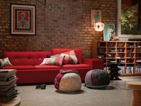 With its knitted handle, the Bovist Floor Cushion can be easily moved from one room to another. It is available in 3 colourful motifs.