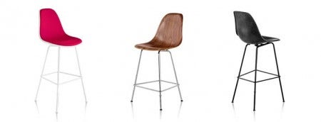 Now available in molded wood, fiberglass and plastic the new Eames stools fit everywhere stools are called for. Lots of options, including upholstered for the plastic and fiberglass stools.