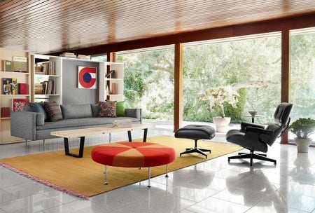 Available in an array of bold colors, or distinctive stripes, this low upholstered piece serves equally well as a footrest, coffee table, extra seat, or conversation starter.