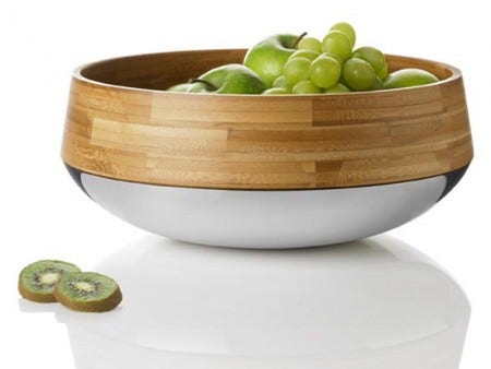 The Kontra Fruit/Salad bowl The bamboo and stainless steel combination is exclusively balanced, with the warm glow of the bamboo elegantly contrasting the shiny and reflecting steel. This bowl is ideal for salads, but it also looks stunning displayed on the table with autumn fruit.