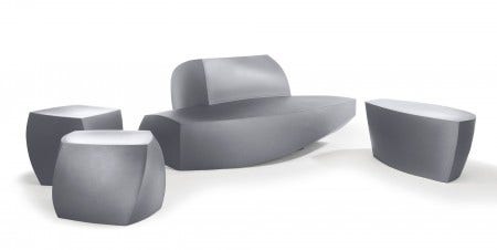 Sculpture in space: the original Heller Frank Gehry silver cube furniture. Beautiful and functional, it creates a stunning group indoors or outdoors.