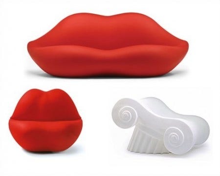 Top: The Heller Marilyn Sofa, designed by Studio 65 in 1970 and re-issued in 2004. The famous lipstick-red sofa adds a smile to any environment. The Heller Kiss Chair is a sweet one-seater that accompanies Marilyn and is made of soft resin for use indoors or outdoors. Heller Capitello is a cult classic from 1971. It adds a witty accent to any indoor or outdoor space. Capitello is produced in marble white.