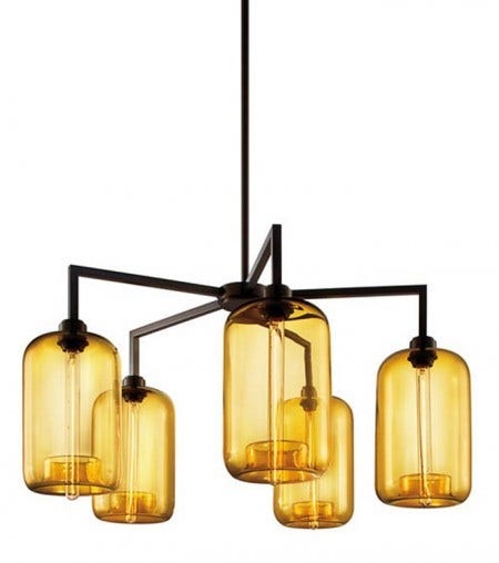 Bold angles and refined contemporary details, like square tubing, define Niche's Quill 5 Pod Chandelier. Choose from any of the standard Niche glass colors. The height is customizable and the ring diameter is determined with glass shape, and anywhere from 30- 36".