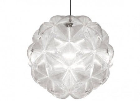 The Lens Pendant Light is a spherical light made of 60 triangular poly-carbonate lenses that refract and focus the light bulb in an unusually luminous way.