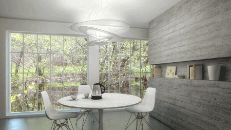 The Artemide Pirce Suspension Light Opening out of a slim disk are fluttering spirals, which fall gently downwards, creating magical effects of form and light.
