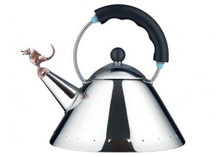 The Alessi Tea Rex Kettle is available with a black or blue handle and a choice of two whistles: copper metallic finish or light green.
