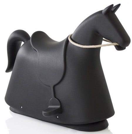 Kids can ride this horse off into the sunset. Choose black, brown or white and the rein is natural hemp rope.