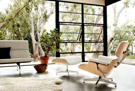 The Eames Lounge Chair and Ottoman has become so recognizable that its configuration is now a registered trademark. Today, the chair and ottoman are available in a variety of veneers, multiple leather options, and two sizes.