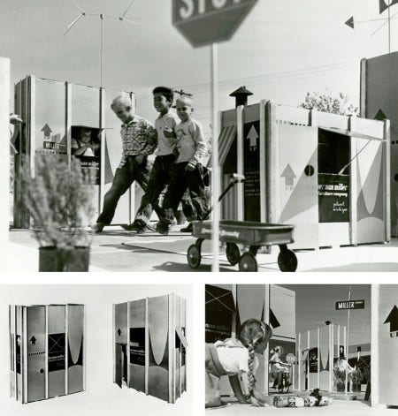 Set up in what appears to be the parking lot outside the Eames Office, Carton City apes the fictional community of Mayberry, with stop signs, neighborly visiting, even miniature landscaping (top). Dotted lines printed onto the Eames Storage Unit shipping cartons indicate ideal locations for the entrance and windows with awnings, 1950 (bottom left). Sun-kissed kids play in Eames Alley and Miller Street (bottom right). © Eames Office, LLC