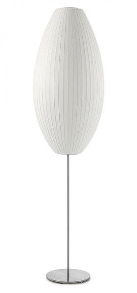 Built to last a lifetime, the Original George Nelson Bubble Lamp Cigar Lotus Floor Lamp is solidly constructed of brushed, nickel-plated steel. Each lamp stand has a Walnut cover concealing a 6.5 pound steel base for stability, a 9-foot cord, and an easy-to-use on/off floor switch. This floor lamp is available in three sizes.
