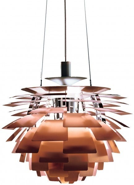 The Louis Poulsen PH Artichoke Lighting fixture, designed by Poul Henningsen, provides 100% glare-free light. The 72 precisely positioned leaves form 12 unique rows of six leaves each. They illuminate the fixture, as well as emit diffused light with a unique pattern. Available in four sizes and three finishes.