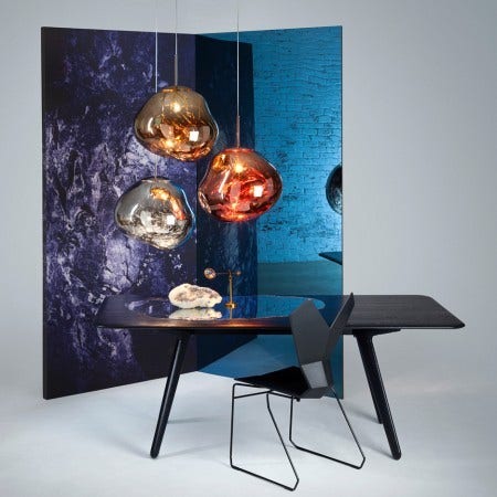 The light bouncing and reflecting around the uneven surfaces creates a dramatic melting hot blown glass effect. Melt is translucent when on and mirror-finish when off. Available in chrome, copper and gold and in two sizes.