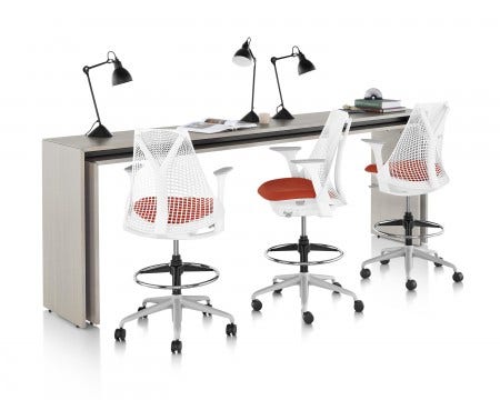 Sayl Stool Inspired by suspension bridges—structures that deliver the most using the least material—Sayl stools extend the distinctive look of the Yves Béhar-designed Sayl chair into settings that feature high tables or counters. The elastomer strands of the stool’s 3D Intelligent back support you as you stretch and move, striking a healthy balance between support and freedom.