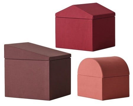 The Menu Modern Houses are small architectural boxes for storing the best things in your life. A series of three or four nesting storage boxes, made in recognizable house shapes, in traditional or modern styles, are available in greys, reds, or greens. Collect them all.