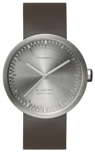 The LEFF amsterdam D42 Tube Wrist Watch has a precisely cut ring and high quality materials giving this watch its refined, yet tough and industrial character. Available with a black or brown leather strap.