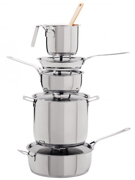 The Alessi Pots and Pans Collection, designed by Jasper Morrison, is made of Stainless steel. 