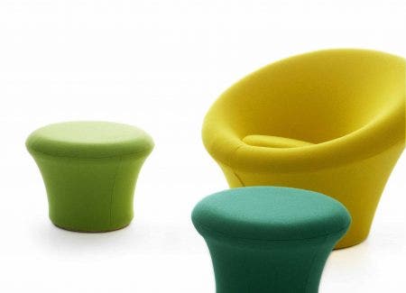 The Artifort Mushroom Chair and Footstool,, designed by Pierre Paulin in 1960, several shades of green, including one similar to Pantone 15-0343.