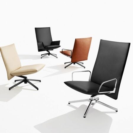 Available in both high and low back versions as well as a range of leather and fabric upholstery options, the Pilot Chair is a versatile lounge chair that can be adapted to match the aesthetics of any setting. It is available armless, or with upholstered, or steel loop arm options and painted grey or polished aluminum base finishes. Pilot is an endlessly customizable chair.