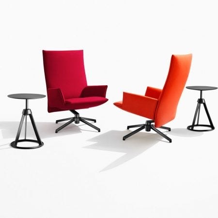 Here is the high back Pilot Chair, with upholstered arms, shown with the Knoll Piton Side Table, also designed by Edward Barber & Jay Osgerby.