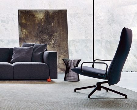 Embodying refinement, comfort, and craftsmanship, the Pilot Chair is unmistakably contemporary but modern in sensibility. It features a cast-aluminum structure that links the crane-neck, 360-degree swivel base to the assembly of the seat and back, creating the impression that the cantilevered seat is almost floating.