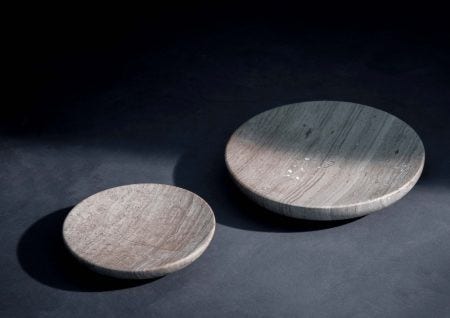 The natural marble Menu Hover Bowl can be used as a soap dish in the kitchen or bathroom, as a candle holder, or to hold personal items such as keys. In the dining room, make it the centre piece of your table – all the better to admire the beauty inherent in the natural grain of the marble. Available in two sizes.