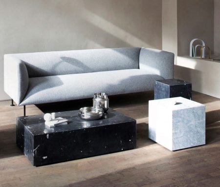 Norm Architects, who designed the Menu Plinth, make bespoke furniture, shelving and podiums that are simple, plain and understated. A box in a natural material, in this case marble, often becomes more a part of the architecture than a piece of furniture that always tend to be more sculptural and expressive in shape. Plinth is designed in white and black marble in three different sizes, cubic, tall and low.