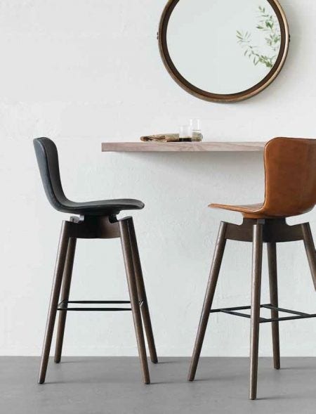 The Mater Shell Collection of lounge, dining and bar stools have leather stitched seats, inspired by traditional craft practices in North India, particularly saddle making. The swivel seat makes the Mater Bar Stool suitable for various spaces in both residential and commercial settings.