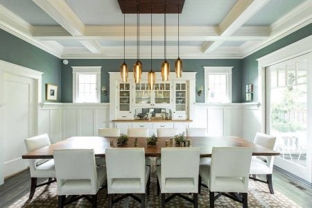 A design tip from Niche: Your dining room pendant lighting display should make a decorative statement while also providing enough light for the table. Proportion is important — you'll want to choose a pendant light that will complement the size and shape of your dining table, not overwhelm it. A unique centerpiece of Niche Modern hand-blown glass will surely add flavor to your meal and impress your guests.