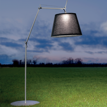 The Artemide Tolomeo Mega Outdoor Collection includes a suspension lamp, a hook lamp and a floor lamp, all part of the very successful Tolomeo family of lighting. Tolomeo Mega's large size diffuser (diameter: 50 cm) adjusts to the visual proportions of broad, open spaces. The diffuser is coated with a durable and washable plastic material that looks like natural jute.