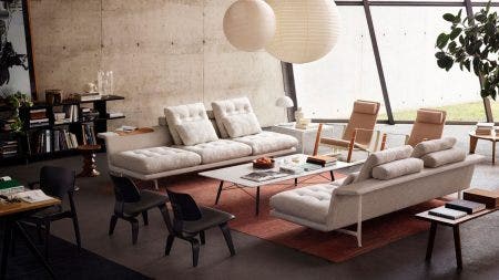 The Vitra Grand Sofa is supported by a large, highly curated selection of fabrics and base finishes, and there is a cool sofa tray as well.