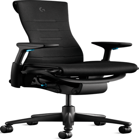 Herman Miller x Logitech G Embody® Gaming Chair > Standard Cylinder 16 - 20.5 inch / Graphite Seat, Black and Cyan Frame, Black Wheels (IN STOCK)