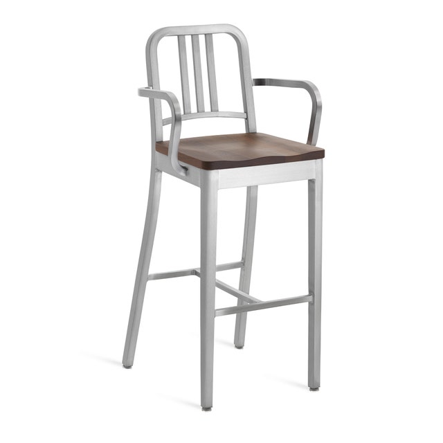 Emeco Navy™ Barstool With Natural Wood Seat with Arms