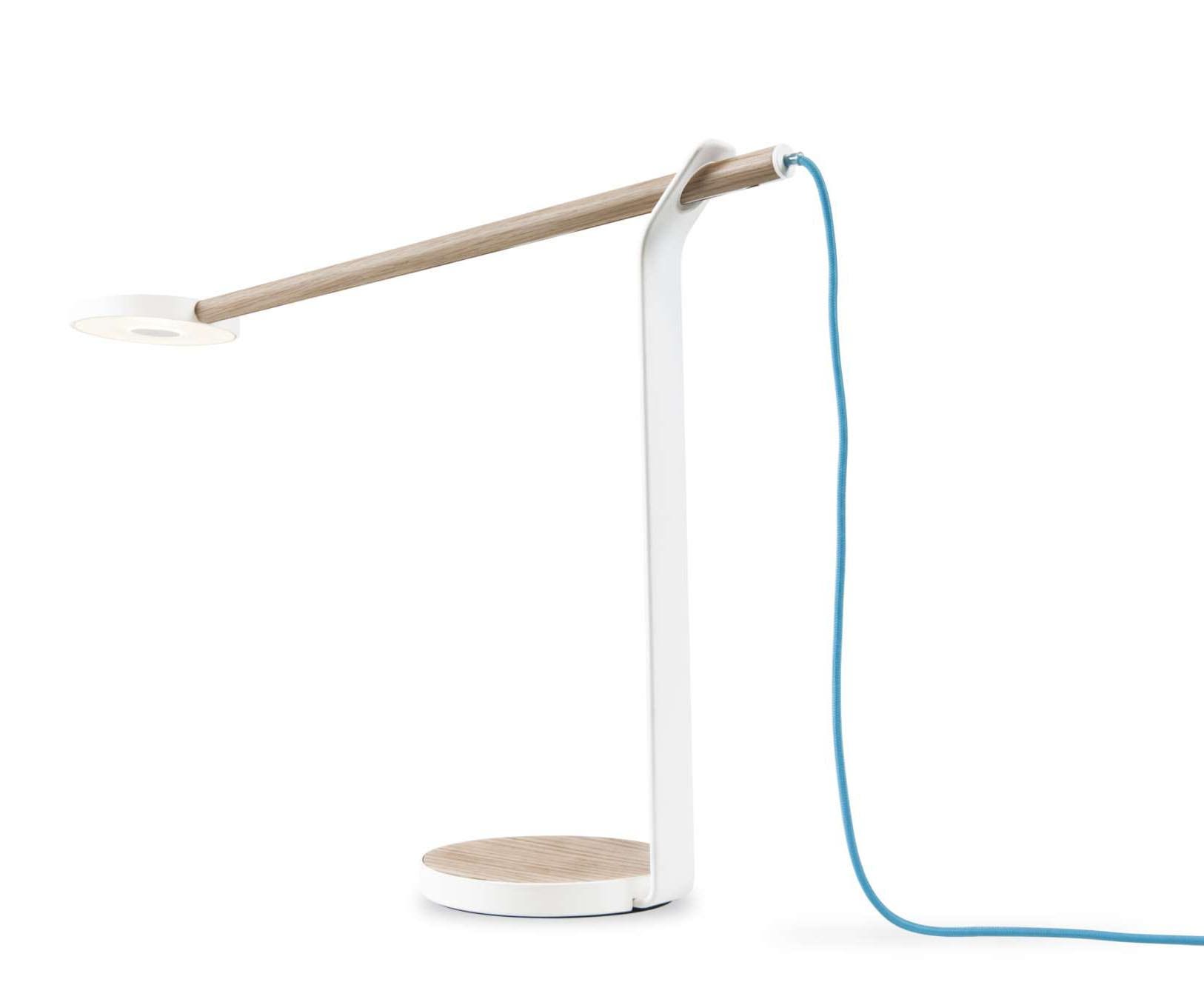 CLEARANCE Koncept Gravy Desk Lamp, White Oak, Matte White, Blue Cord