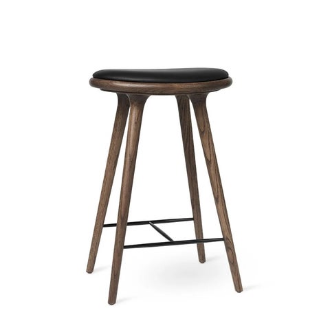 Mater Stool with Black Leather Seat, Dark Stained Oak