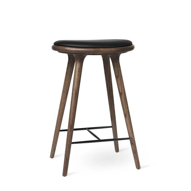 Mater Stool with Black Leather Seat, Dark Stained Oak