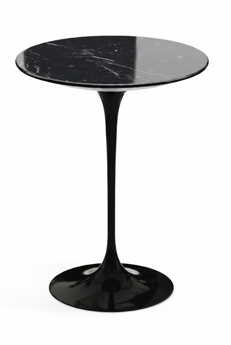 CLEARANCE Knoll Saarinen Round Side Table - Polish Coated Nero Marquina Marble Top, Black Base