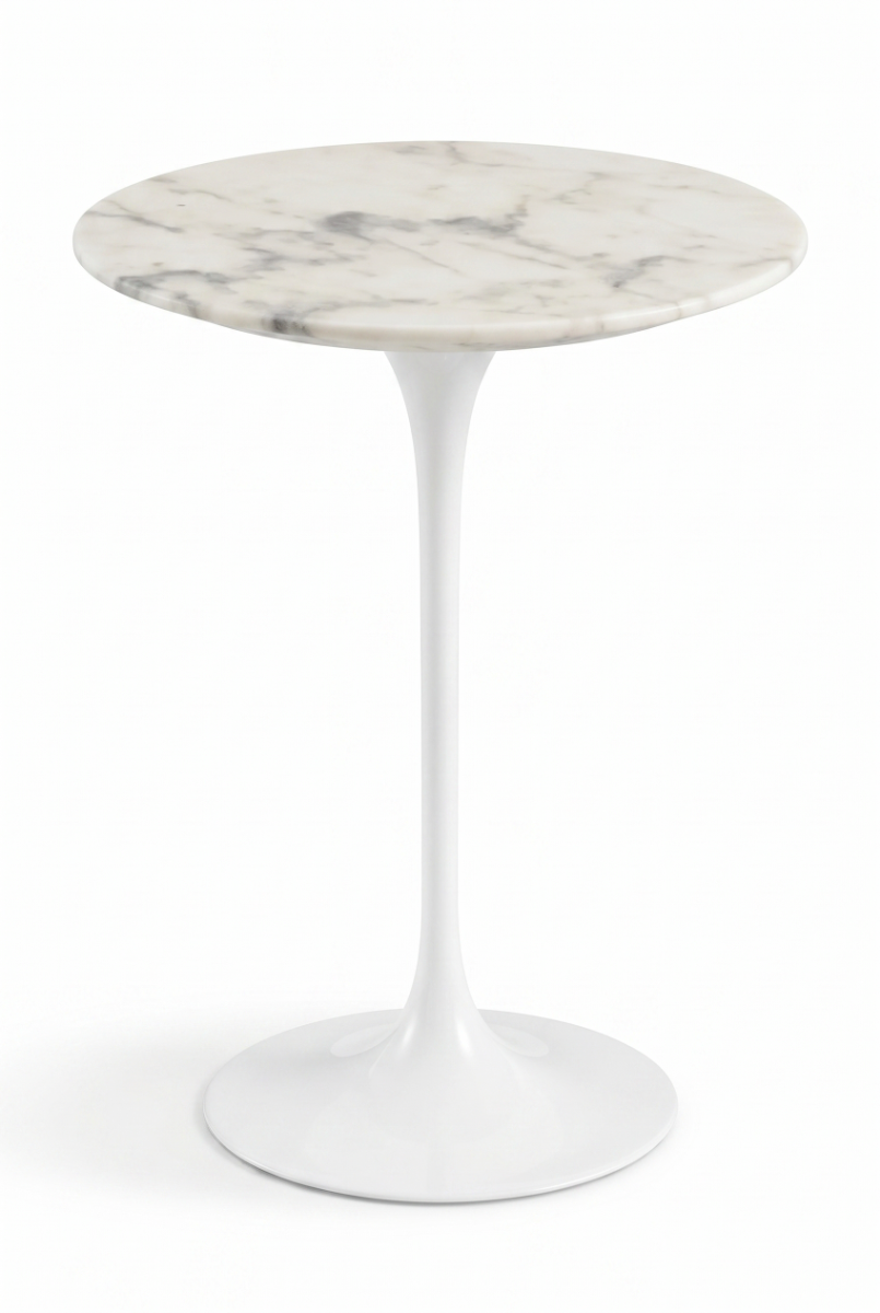 CLEARANCE Knoll Saarinen Round Side Table - Satin Coated Carrara Marble Top, White Base, 16.25"