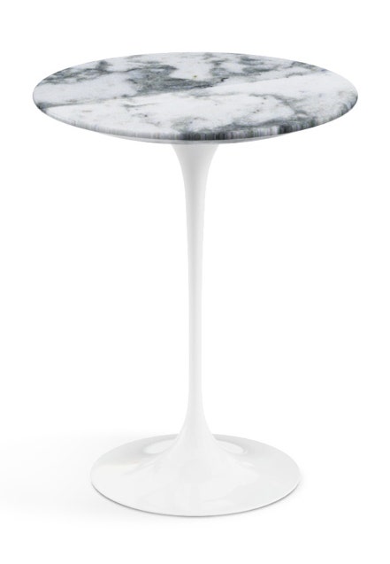 CLEARANCE Knoll Saarinen - Round Side Table, Satin Arabescato Marble, White Base