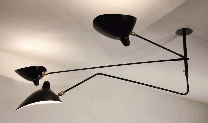 Serge Mouille Ceiling Lamp - 2 Still Arms, 1 Curved Rotating Arm