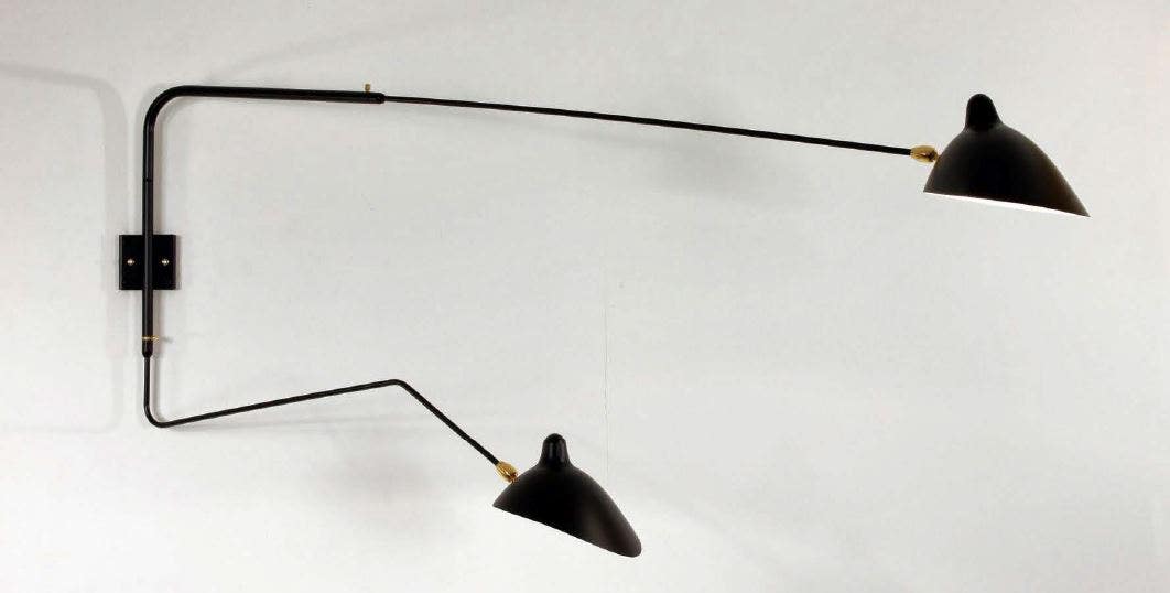 Serge Mouille Large Wall Lamp - 2 Rotating Arms, 1 Straight, 1 Curved