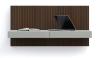 Rovere Borgogna channeled wall panel; Roccia matt lacquered desk with drawers