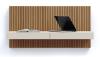 Rovere Naturale channeled wall panel; Seta matt lacquered desk with drawers