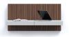 Walnut channeled wall panel; Nebbia matt lacquered desk with drawers